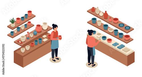 Isometric pottery workshop with shelves of ceramic pots and figures