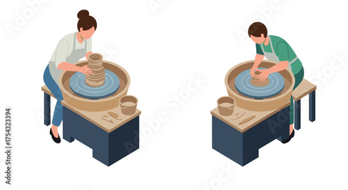 Isometric pottery creation workshop with two artists at work