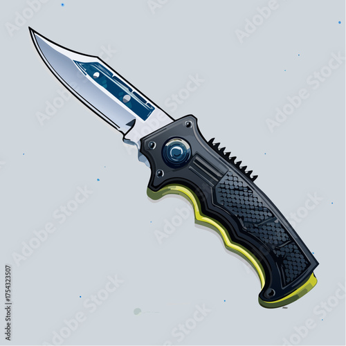 Detailed illustration of a pocket knife with steel blade and black handle