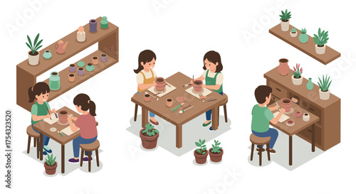 Family pottery workshop scene with mother and daughters crafting clay pots in isometric design