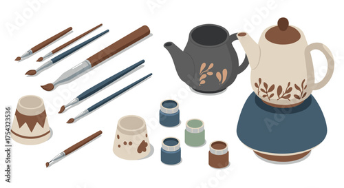 Artistic tea ceremony set with paintbrushes and colorful jars in isometric design