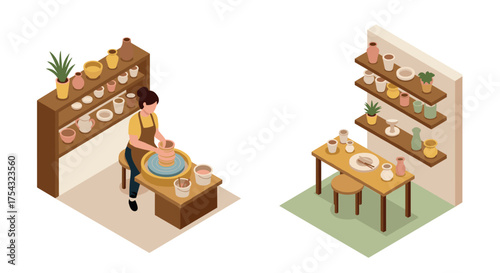 Isometric pottery workshop design with shelving and potter at work