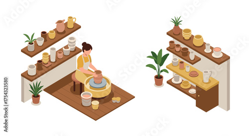 Isometric pottery workshop with potter, shelves, and plants in minimalistic style