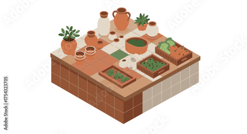 Rustic kitchen table with ceramic pots and fresh vegetables in isometric design
