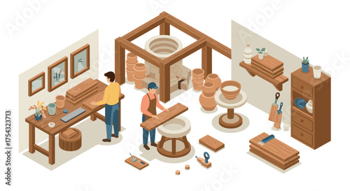 Isometric workshop scene with craftsmen working on wood projects in a cozy studio