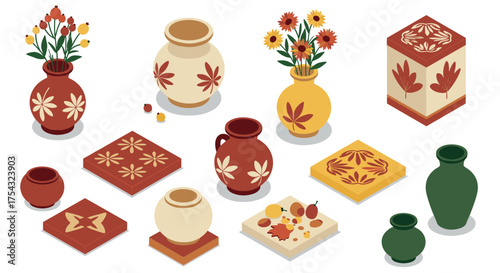 Collection of isometric floral decorated vases and tiles