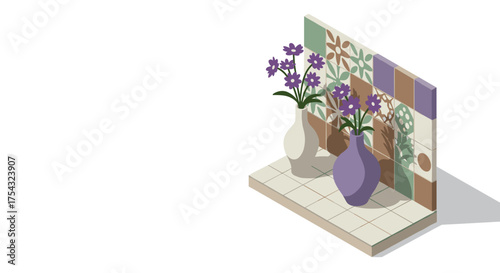 Isometric floral vase display on retro patterned tiles with shadow