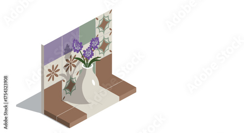 Isometric floral vase with geometric tiles in pastel tones