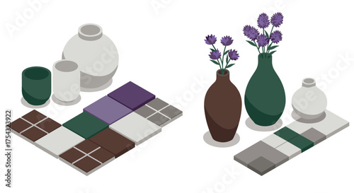 Isometric ceramic vases with lavender and tile arrangement on white background
