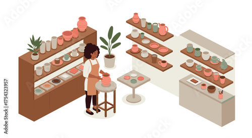Isometric ceramic studio with artist crafting pottery surrounded by colorful vases and pots