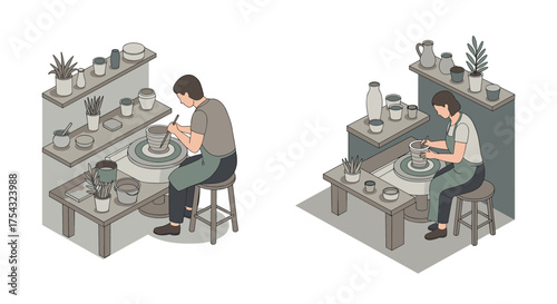 Isometric pottery workshop scene with artisans crafting clay on pottery wheel