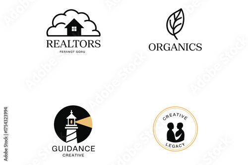 Realtors cloud home, Organics leaf, Guidance lighthouse and Creative Legacy people circle minimal logo set for real estate, organic, coaching and community brands