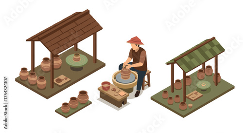 Isometric pottery workshop scene with craftsman and clay pots