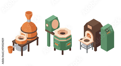 Isometric kiln and pottery equipment set for ceramic crafting and art