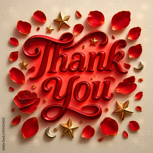 Fototapeta Naklejka Na Ścianę i Meble -  Thank you text surrounded by red rose petals and gold stars