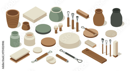 Isometric pottery tools and supplies for crafting and design projects