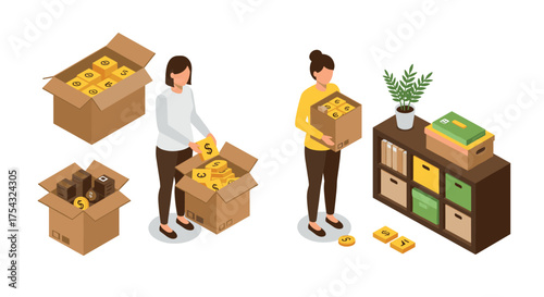 Isometric people organizing cardboard boxes with books and plant