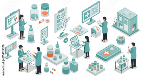 Isometric medical technology: healthcare professionals and equipment in modern hospital environment