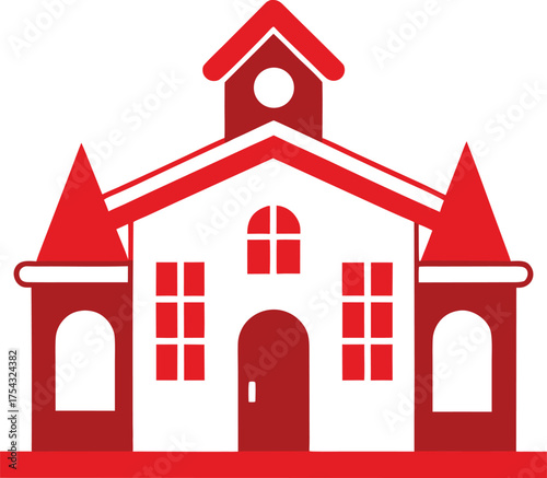 Flat design illustration of a striking red and white castle-like building with multiple windows and towers on a transparent backdrop