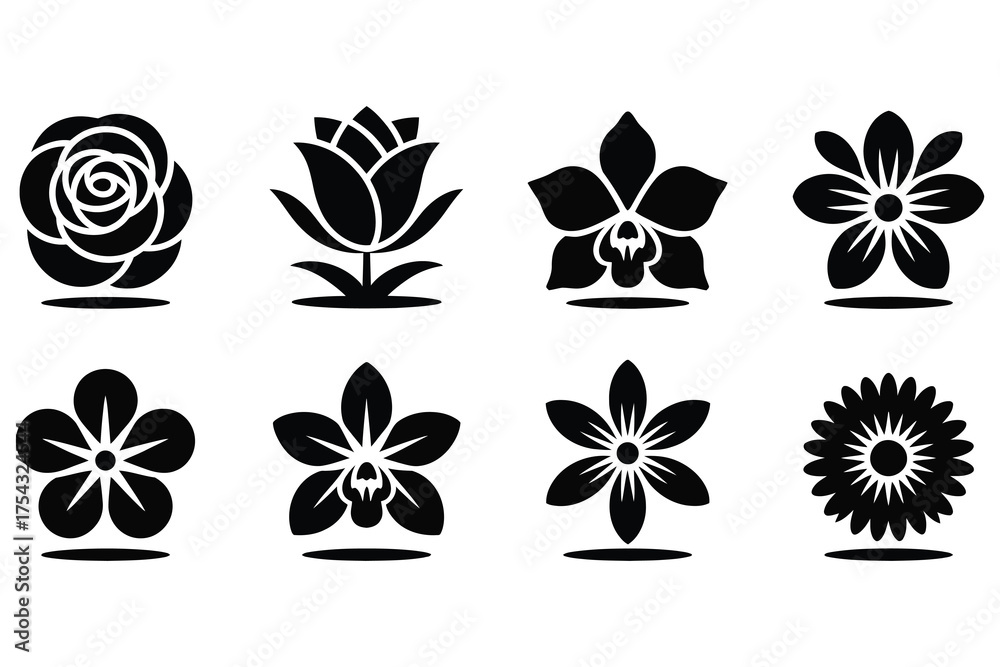 Fototapeta premium Black silhouette flower icon set with rose, tulip, orchid and daisy symbols for logo, pattern and decorative floral design