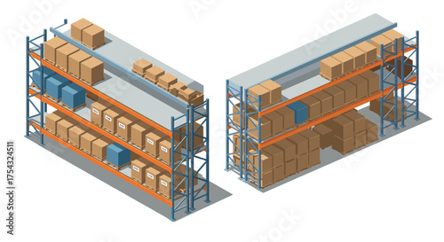Isometric warehouse shelving with cardboard boxes on industrial racks