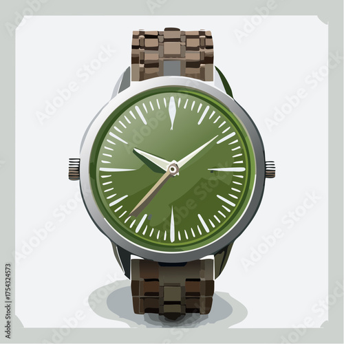 Elegant green dial watch with metal band isolated on white background