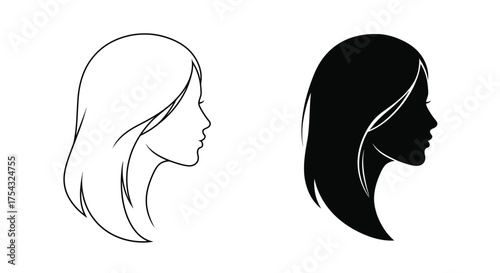 Elegant woman profile silhouettes with flowing hair black and white design