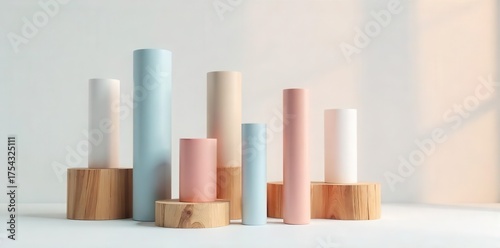 A collection of minimalist cylindrical objects in muted pastel tones rests atop natural wood discs, arranged against a softly lit backdrop, evoking a sense of calm and simplicity.