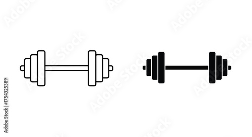 Black and white dumbbell icon illustrations in different styles shown here