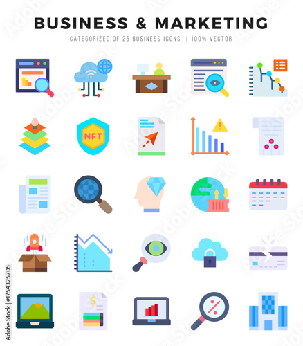 Set of Business & Marketing Icons. Simple Flat art style icons pack. Vector illustration.