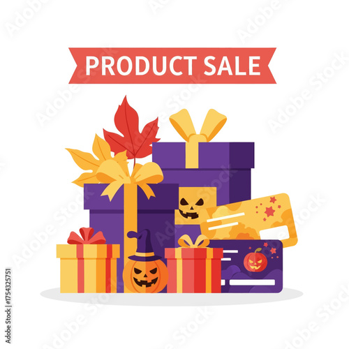 A festive collection of Halloween-themed gift boxes and decorations, featuring pumpkins, autumn leaves, and a "Product Sale" banner.