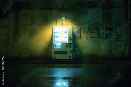 Neon-lit Japanese Vending Machine in Urban Alley at Night with a Cinematic Atmosphere and Soft Focus on Single Object