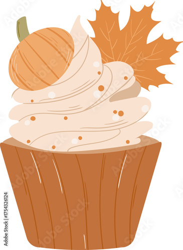 pumpkin cupcake decorated with leaves. Illustartion on white background