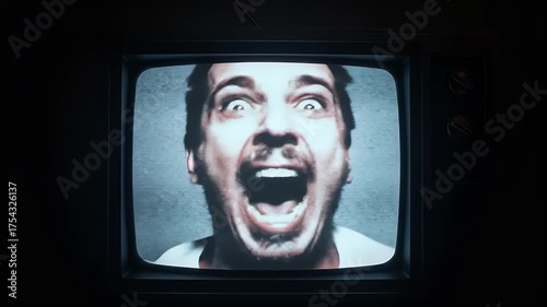 Realistic Video Of Man Screaming On Vintage Television Screen