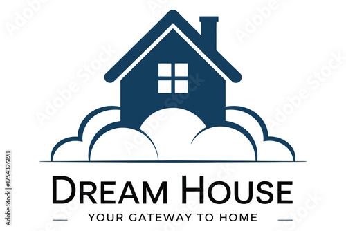 Dream House cloud real estate logo with blue home icon and your gateway to home tagline for property, builder and housing company branding