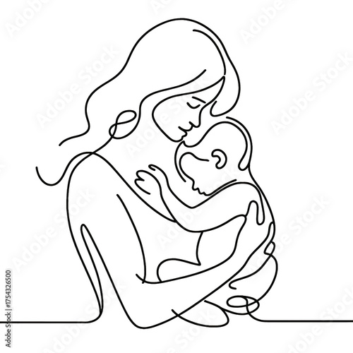 Simple one line drawing of mother and baby . Transparent background png file	
