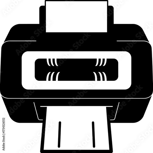 Printer icon in simple black and white style for technology and office design with paper output symbol illustration