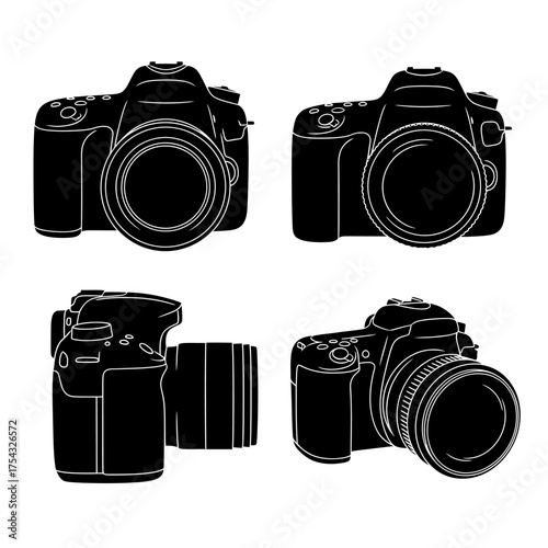 Camera Vector Illustration of Digital SLR Cameras from Multiple Angles for Graphic Design Purposes and Photography Concepts