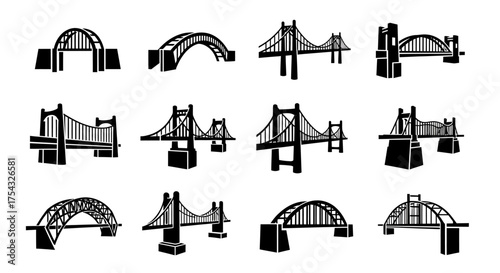 Collection of Bridge Silhouettes Various Designs and Styles for Architectural and Engineering Concepts Urban Infrastructure and Transportation Solutions Black and White Graphic Set