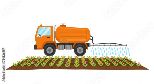 An agricultural sprayer truck diligently irrigating or fertilizing rows of vibrant green crops in a field, symbolizing modern farming techniques for optimized plant growth and farm productivity