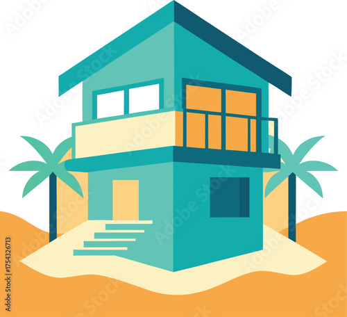 Beachfront home illustration with palm trees and sand dunes. Coastal house on the beachside, a sunny vacation escape.
