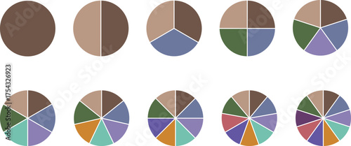 Pie chart color icons. Circle division infographic icon set. Loading bar set diagram multicolored collection.  Colorful diagram collection with 1,2,3,4,56,7,8,9,10,11,12 segment infographic.