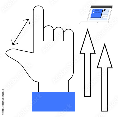 Hand gesture showing measurement or growth with upward arrows and a screen interface. Ideal for growth, navigation, user experience, measuring progress, digital strategy, education, coordination