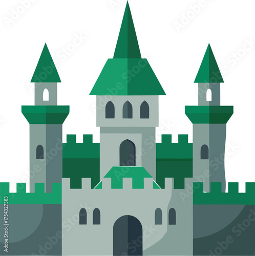 Green and Gray Medieval Castle Fortress with Multiple Towers and Walls Vector Flat Design Illustration