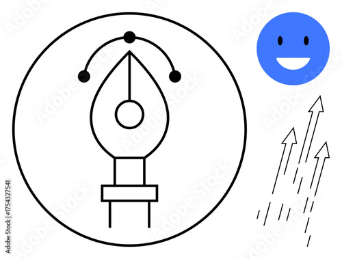 Digital pen tool icon inside a circle, cheerful smile face, and upward arrows representing creativity, success, and progress. Ideal for design, innovation, growth, motivation positivity