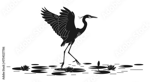 Minimalist Heron Vector Art, Negative Space Outline, Taking Flight from Lily Pads, White Background