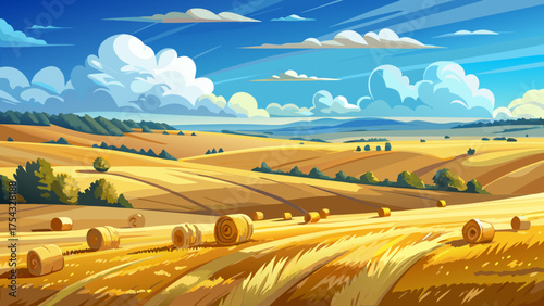 Very beautiful landscape of a freshly cut winter wheat field near Raleigh, North Carolina, under a vast sky filled with puffy white clouds and golden straw bales scattered across the land.