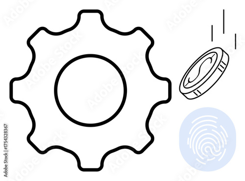 Gear symbolizing process, coin for financial exchange, and fingerprint for identity security. Ideal for fintech, innovation, cybersecurity, data access, blockchain, automation simple flat metaphor