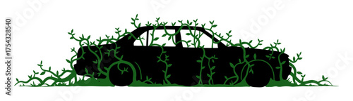 Nature Reclaiming Abandoned Car Silhouette, Minimalist Vector Art