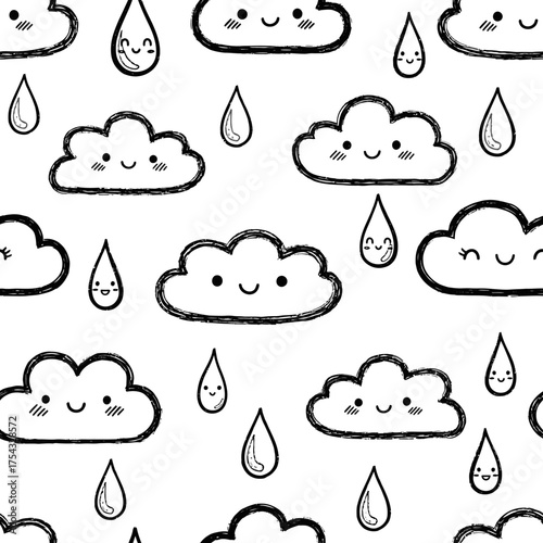 Seamless pattern with cute hand-drawn kawaii clouds and raindrops with smiling faces.